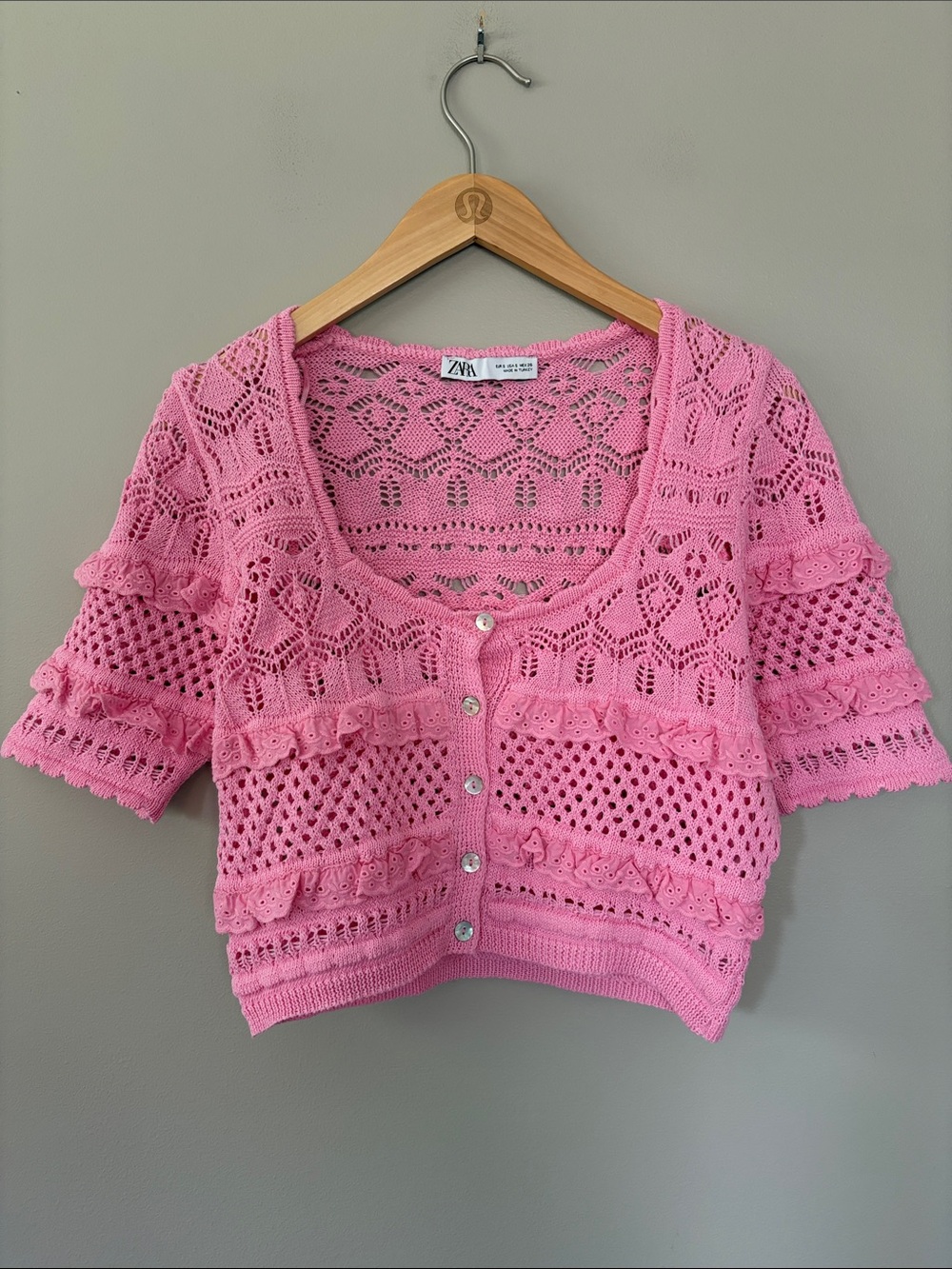 Zara‎ Crochet Knit Eyelet Cropped Short Sleeve Cardigan Small Cottagecore Pink
